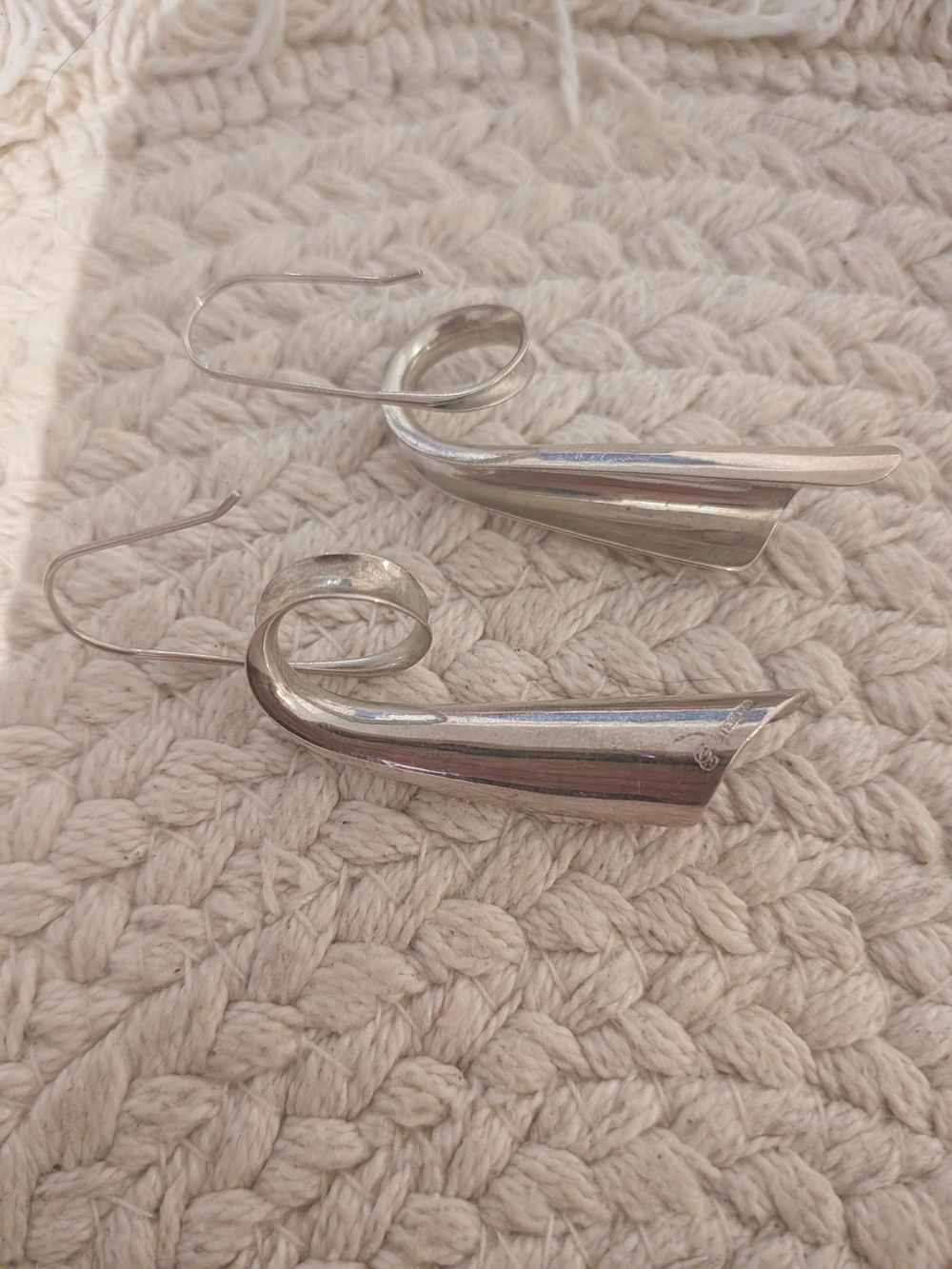 Polished Silver Spiral Drop Earrings - Modern Curved Design